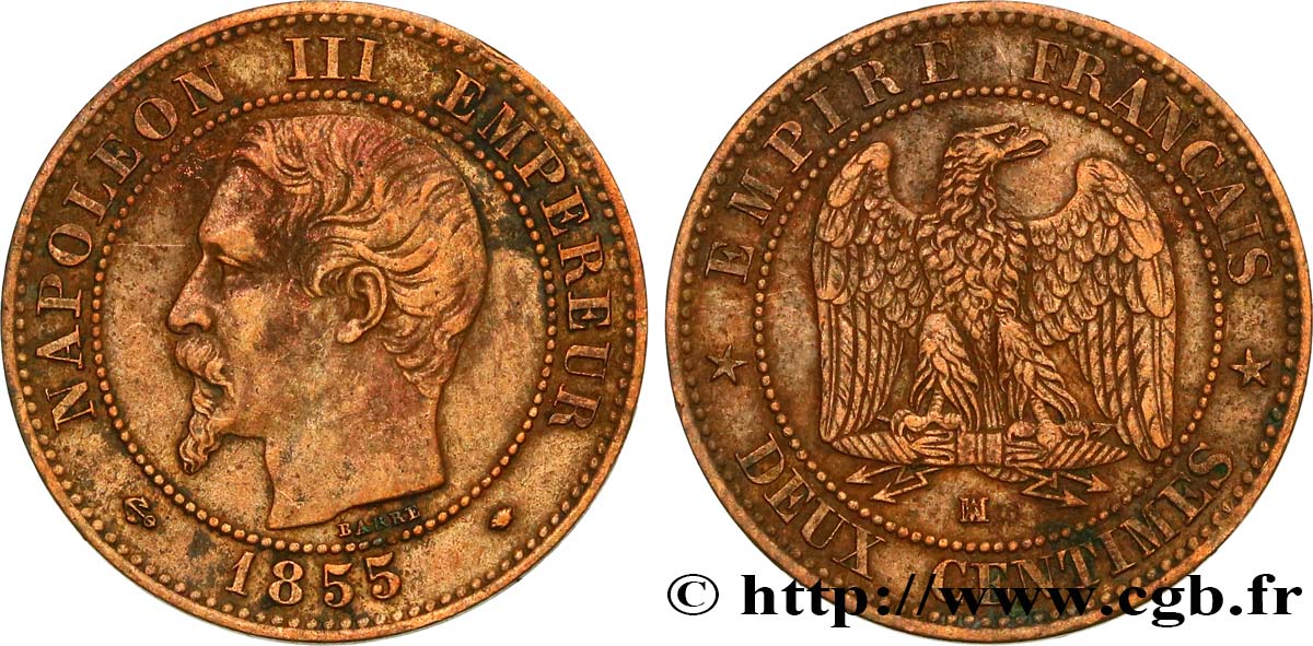 Deux centimes Napoléon III, tête nue 1855 Marseille F.107/36 XF42 