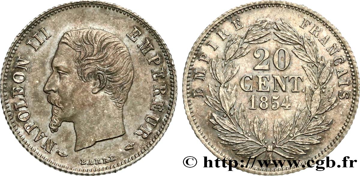 20 centimes Napoléon III, tête nue 1854 Paris F.148/2 SPL63 