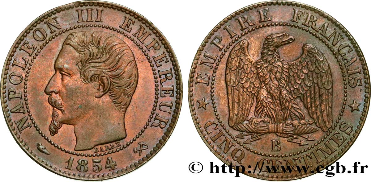Cinq centimes Napoléon III, tête nue 1854 Rouen F.116/9 SUP60 