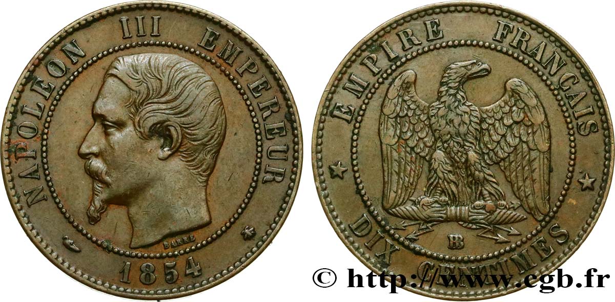 Dix centimes Napoléon III, tête nue 1854 Strasbourg F.133/13 AU50 