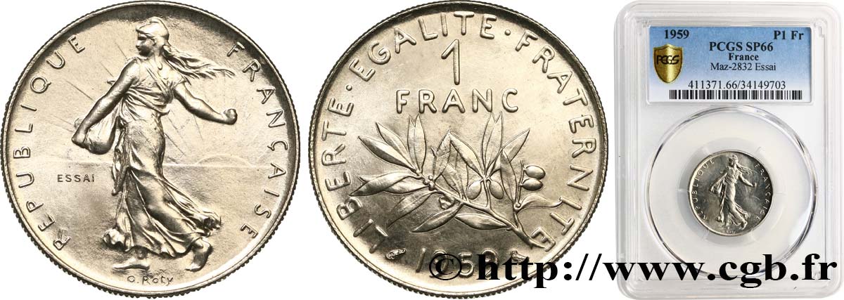 Essai de 1 franc Semeuse, nickel 1959 Paris F.226/3 FDC66 PCGS