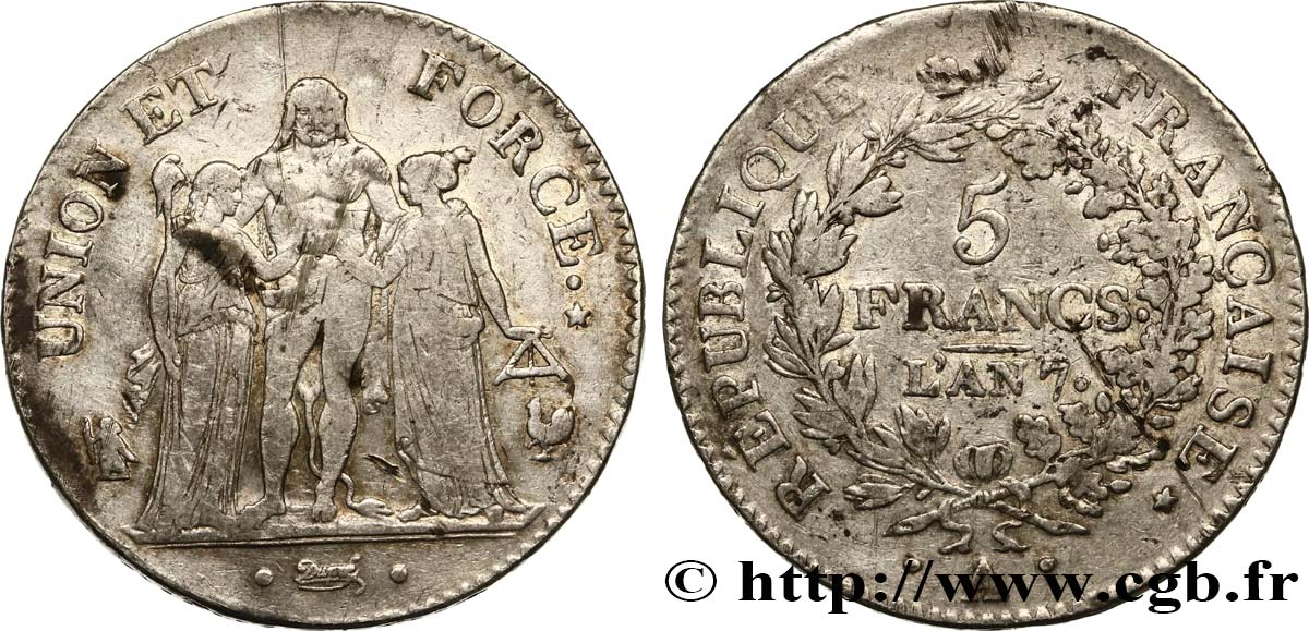 5 francs Union et Force, Union serré, avec glands intérieurs et gland extérieur 1799 Paris F.288/95 q.BB 