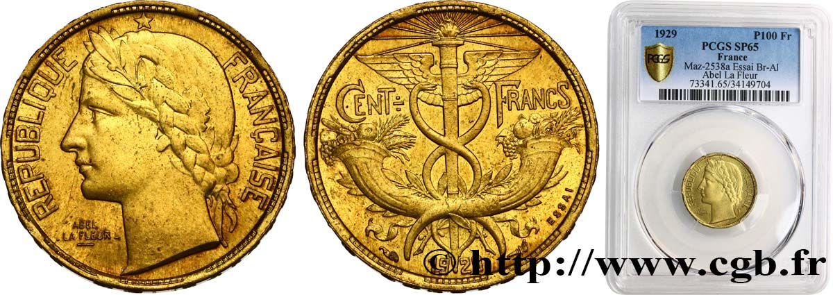 Concours de 100 francs or, essai de La Fleur en bronze-aluminium 1929 Paris GEM.281 4 FDC65 PCGS