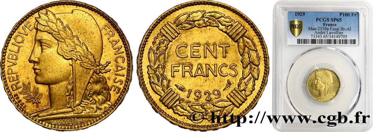 Concours de 100 francs or, essai de Lavrillier en bronze-aluminium 1929 Paris GEM.287 4 MS65 PCGS