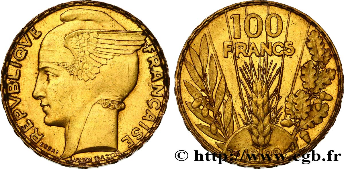 Concours de 100 francs or, essai de Bazor en bronze-aluminium 1929 Paris GEM.288 7 SUP60 