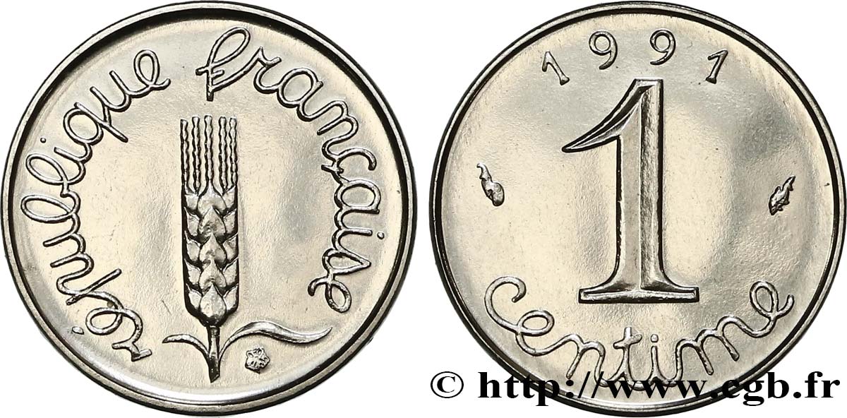 1 centime Épi, BU (Brillant Universel), frappe médaille 1991 Pessac F.106/49 MS65 