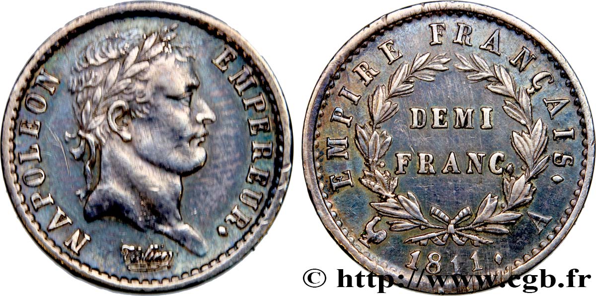 Demi-franc Napoléon Ier tête laurée, Empire français 1811 Paris F.178/21 XF48 