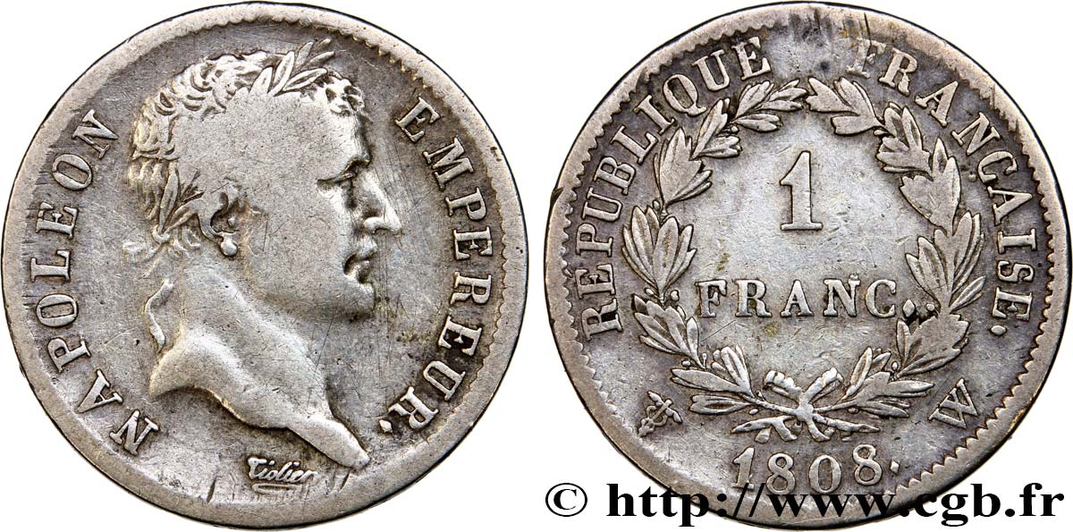 1 franc Napoléon Ier tête laurée, République française 1808 Lille F.204/15 TB28 