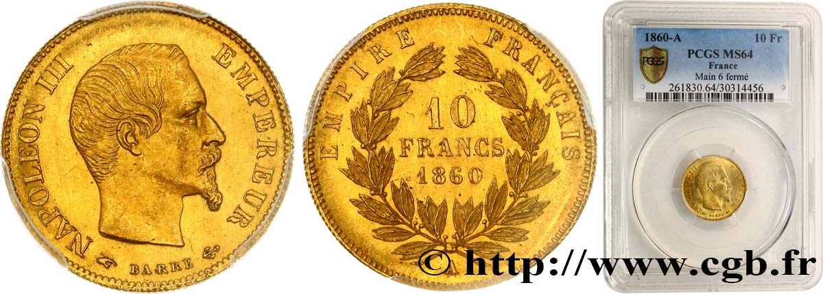 10 francs or Napoléon III, tête nue 1860 Paris F.506/9 fST64 PCGS
