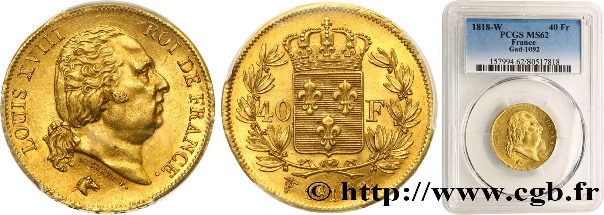 40 francs or Louis XVIII 1818 Lille F.542/8 SUP62 PCGS