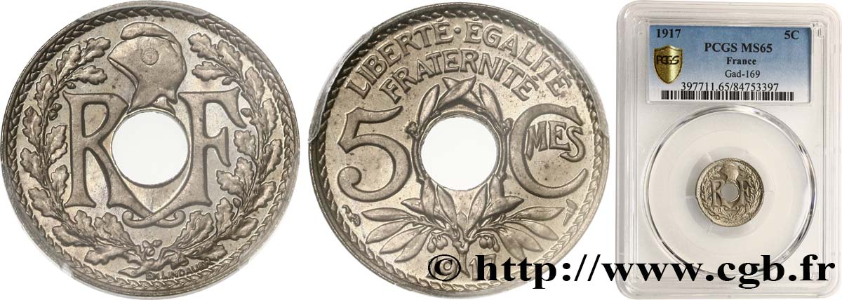 5 centimes Lindauer, grand module 1917 Paris F.121/1 MS65 PCGS