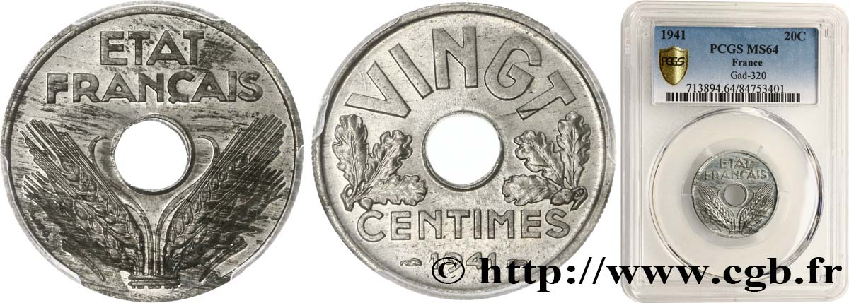 VINGT centimes État français 1941  F.152/2 fST64 PCGS