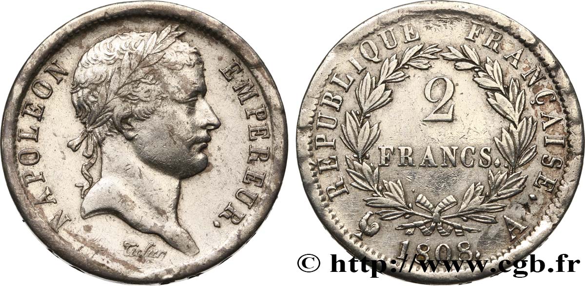2 francs Napoléon Ier tête laurée, République française 1808 Paris F.254/4 BB 