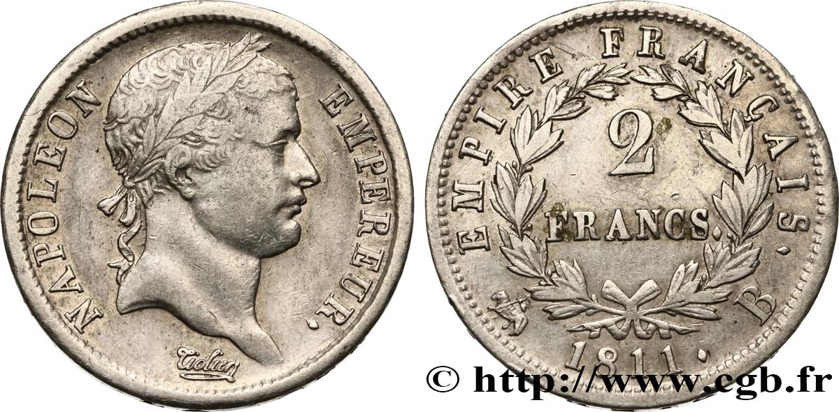 2 francs Napoléon Ier tête laurée, Empire français 1811 Rouen F.255/25 S35 