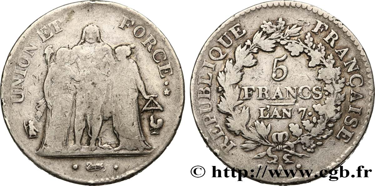 5 francs Union et Force, Union serré, seulement gland extérieur 1799 Paris F.288/102 S20 