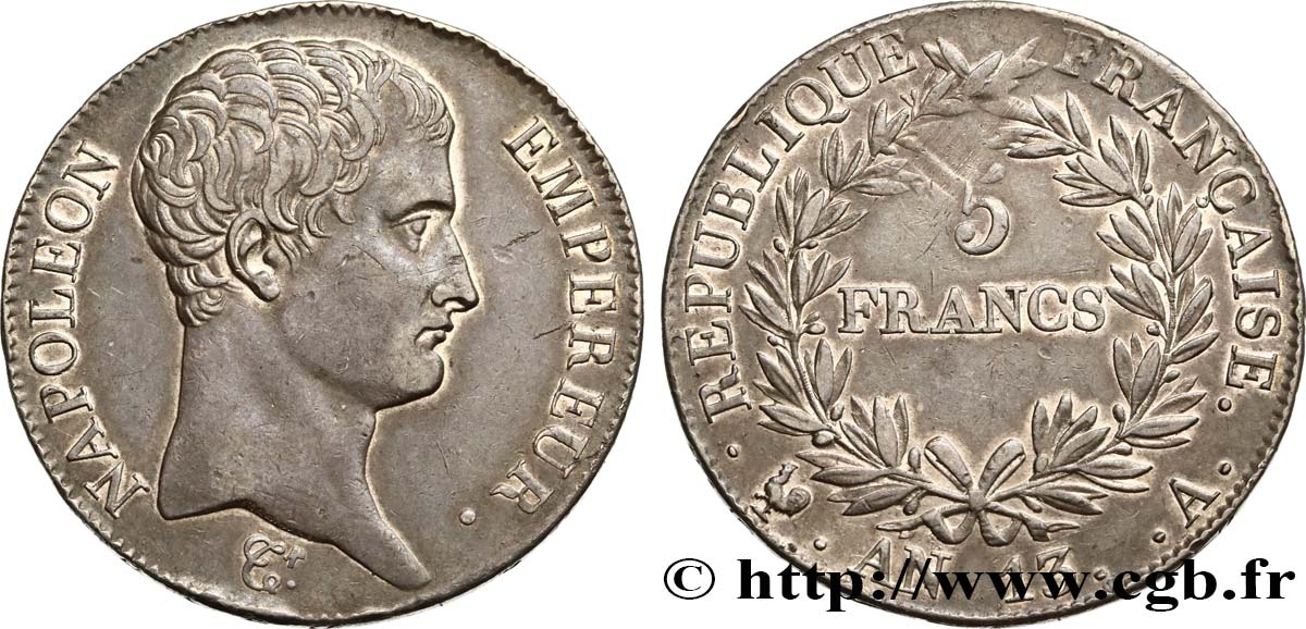 5 francs Napoléon Empereur, Calendrier révolutionnaire 1805 Paris F.303/2 var. MBC50 