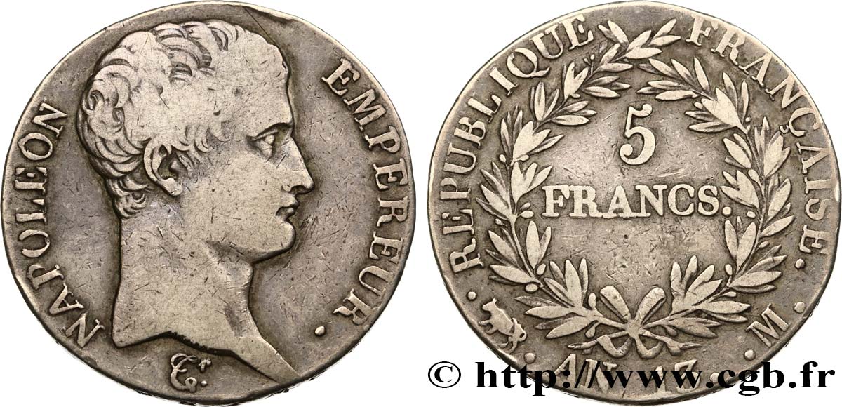 5 francs Napoléon Empereur, Calendrier révolutionnaire 1805 Toulouse F.303/13 TB25 