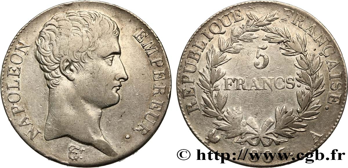 5 francs Napoléon Empereur, Calendrier grégorien 1806 Paris F.304/1 TB35 