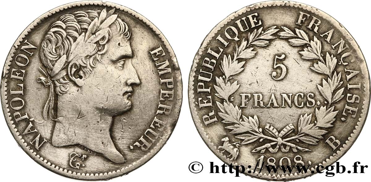 5 francs Napoléon Empereur, République française 1808 Rouen F.306/3 S 