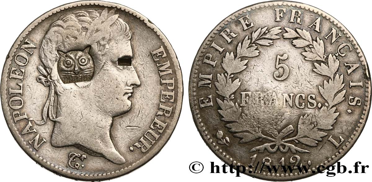 5 francs Napoléon Empereur, Empire français, contremarqué d’une tête de tigre 1812 Bayonne F.307/48 var. S25 