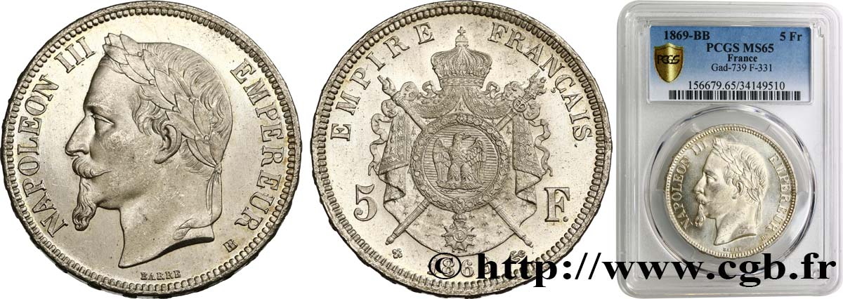 5 francs Napoléon III, tête laurée 1869 Strasbourg F.331/15 FDC65 PCGS