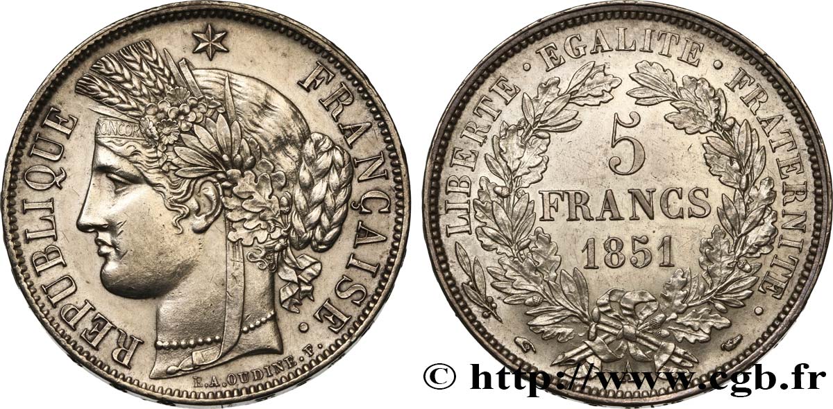5 francs Cérès, IIe République 1851 Paris F.327/7 AU58 