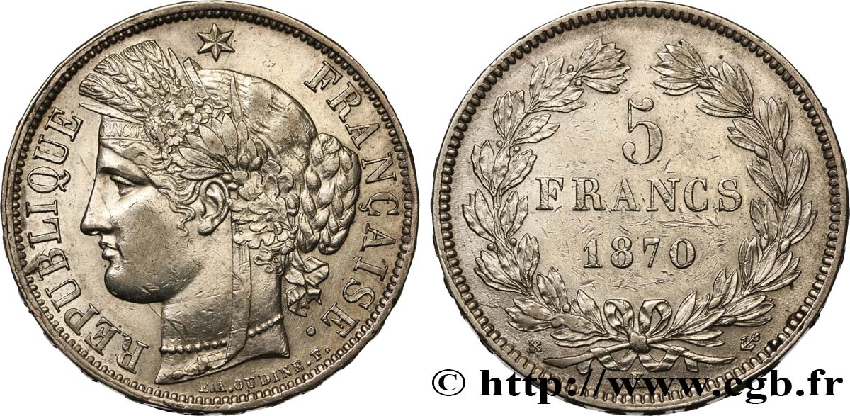 5 francs Cérès, sans légende 1870 Bordeaux F.332/2 XF48 