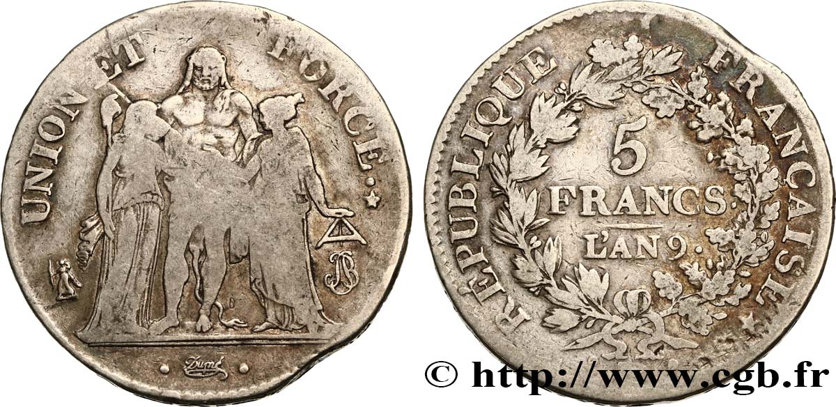 5 francs Union et Force, Union serré, avec glands intérieurs et gland extérieur 1801 Lyon F.288/157 VF20 