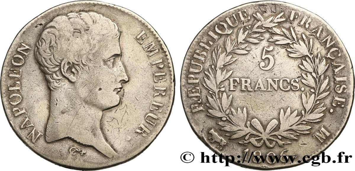5 francs Napoléon Empereur, Calendrier grégorien 1806 Toulouse F.304/8 TB22 