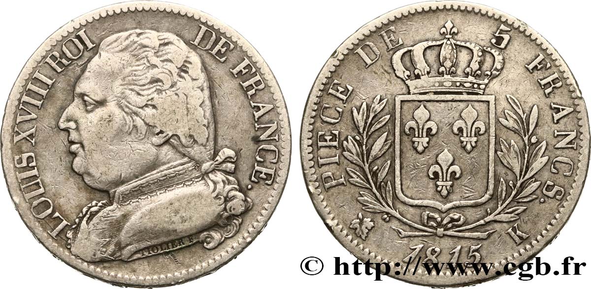 5 francs Louis XVIII, buste habillé 1815 Bordeaux F.308/22 MB30 