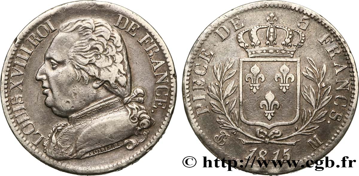 5 francs Louis XVIII, buste habillé 1815 Toulouse F.308/26 SS45 