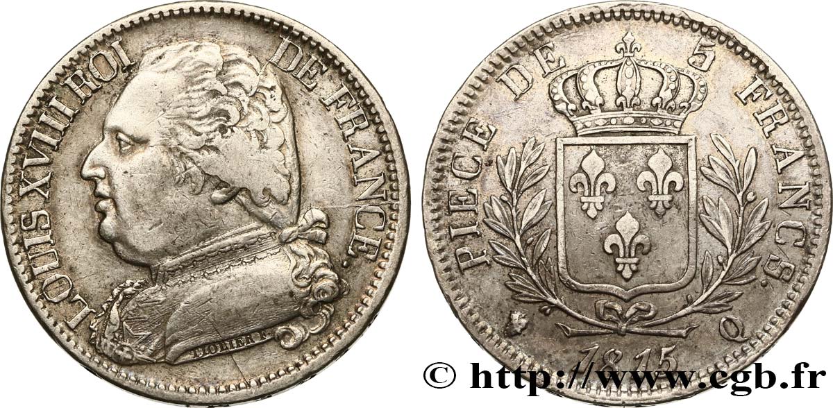 5 francs Louis XVIII, buste habillé 1815 Perpignan F.308/29 TTB40 