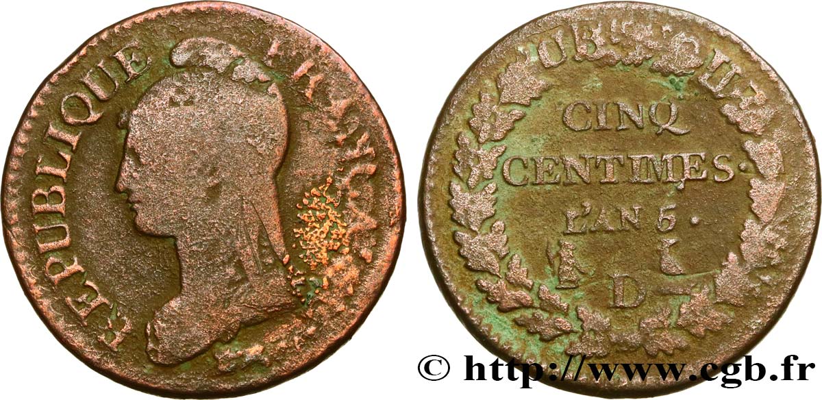 Cinq centimes Dupré, grand module,  refrappage  du décime 1797 Lyon F.114/7 VF 