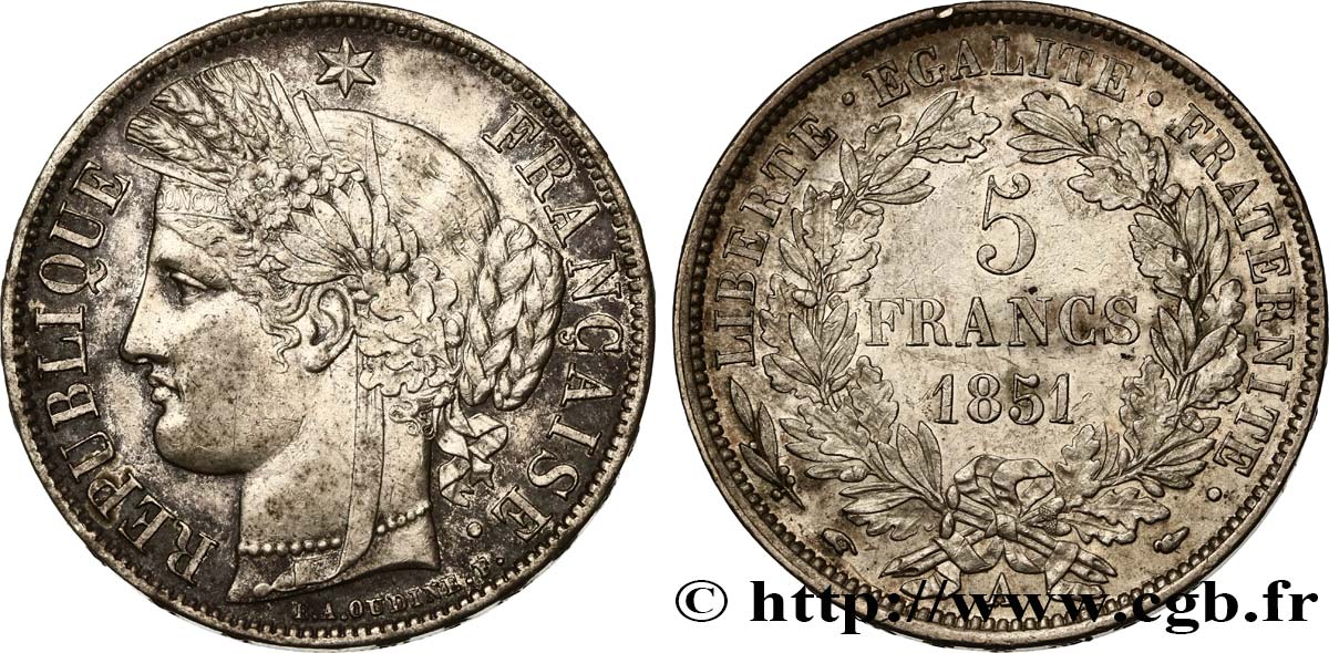 5 francs Cérès, IIe République 1851 Paris F.327/7 TTB50 