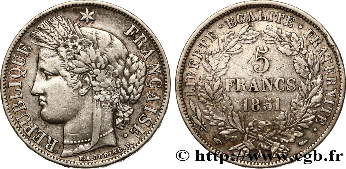 5 francs Cérès, IIe République 1851 Paris F.327/7 SS40 