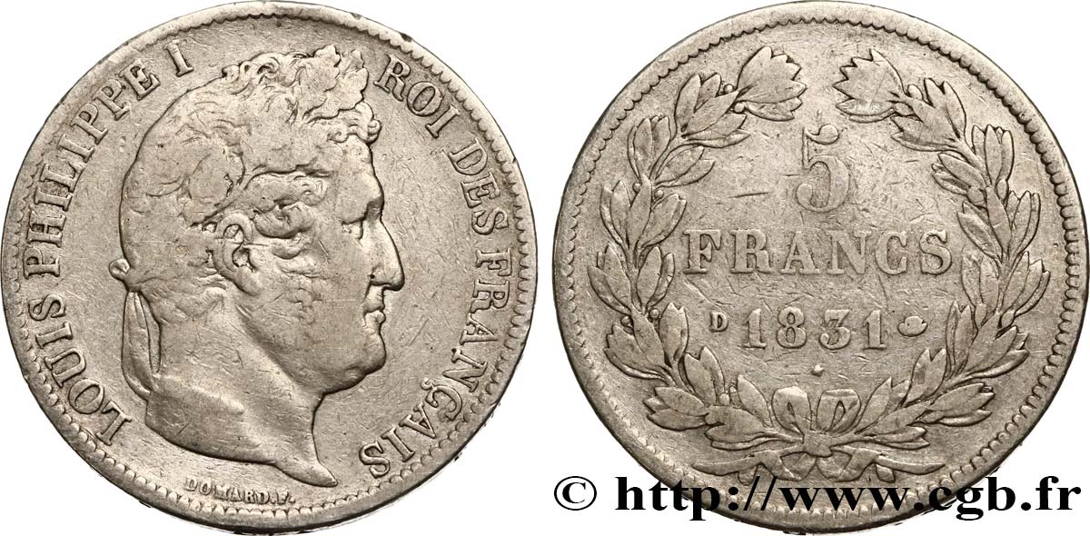 5 francs Ier type Domard, tranche en creux 1831 Lyon F.319/2 VF20 