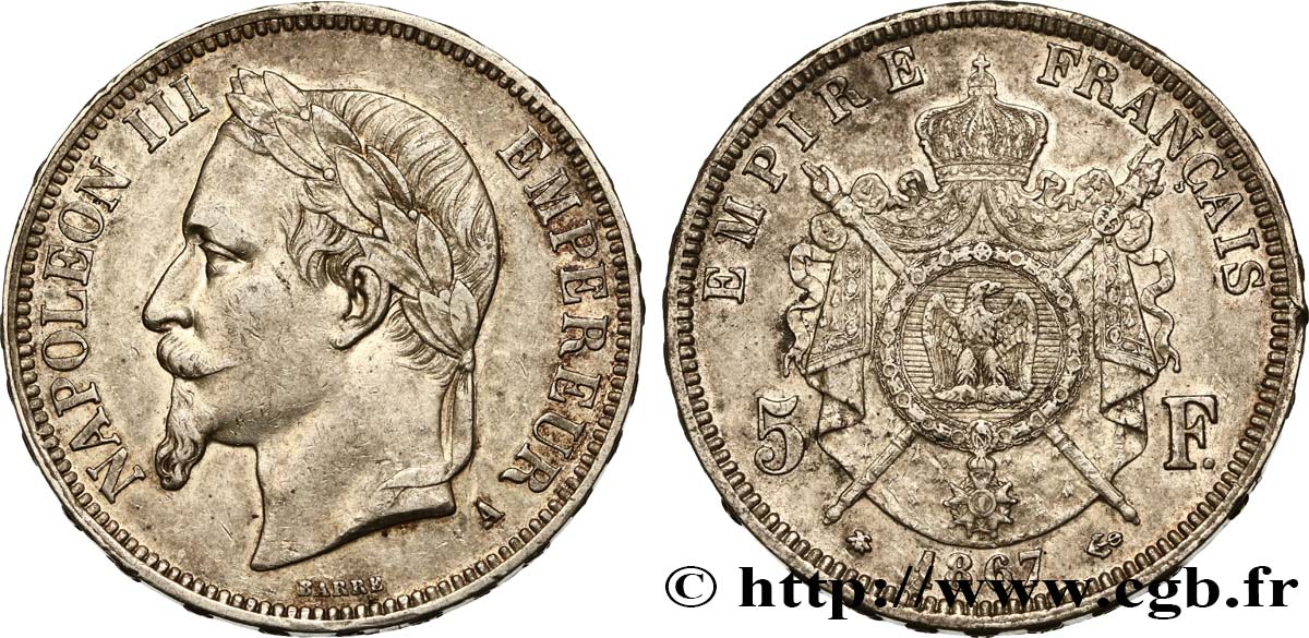 5 francs Napoléon III, tête laurée 1867 Paris F.331/10 MBC48 