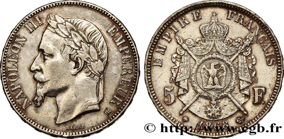 5 francs Napoléon III, tête laurée 1868 Strasbourg F.331/13 TTB 