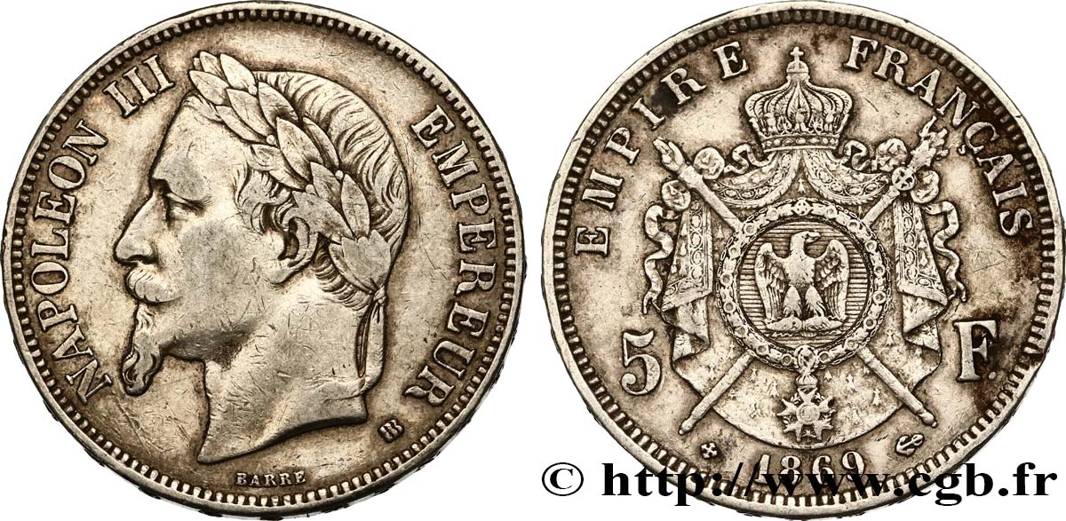5 francs Napoléon III, tête laurée 1869 Strasbourg F.331/15 TB35 