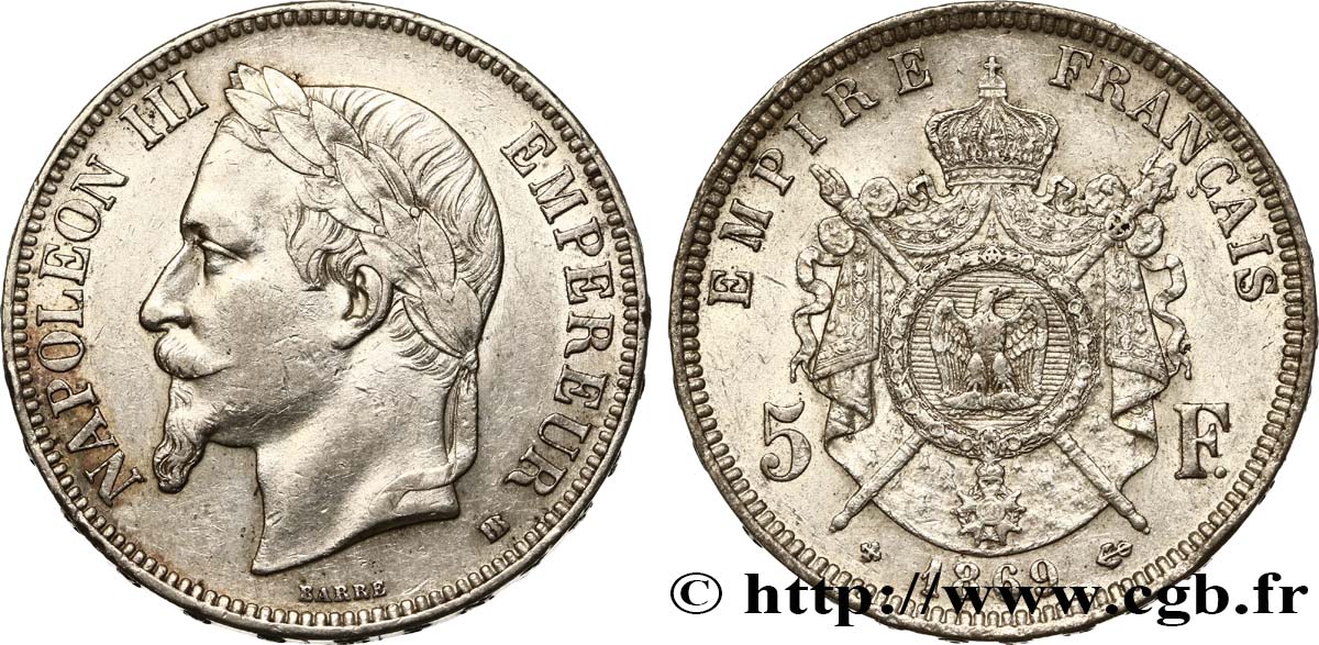 5 francs Napoléon III, tête laurée 1869 Strasbourg F.331/15 BB48 