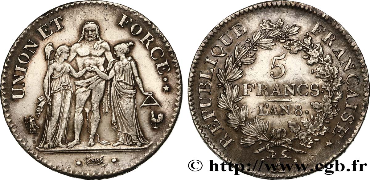 5 francs Union et Force, Union serré, avec glands intérieurs et gland extérieur 1800 Paris F.288/126 EBC55 