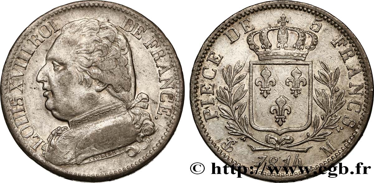5 francs Louis XVIII, buste habillé 1814 Toulouse F.308/9 MBC45 