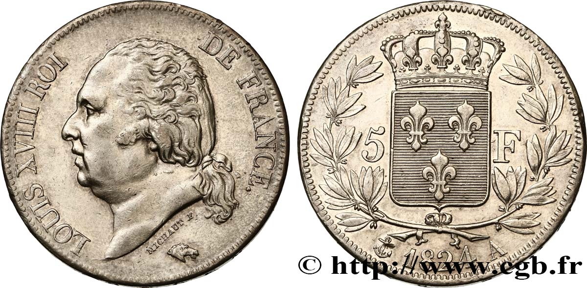 5 francs Louis XVIII, tête nue 1824 Paris F.309/88 MBC48 