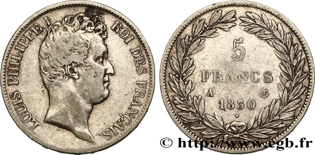 5 francs type Tiolier avec le I, tranche en creux 1830 Paris F.315/1 VF30 