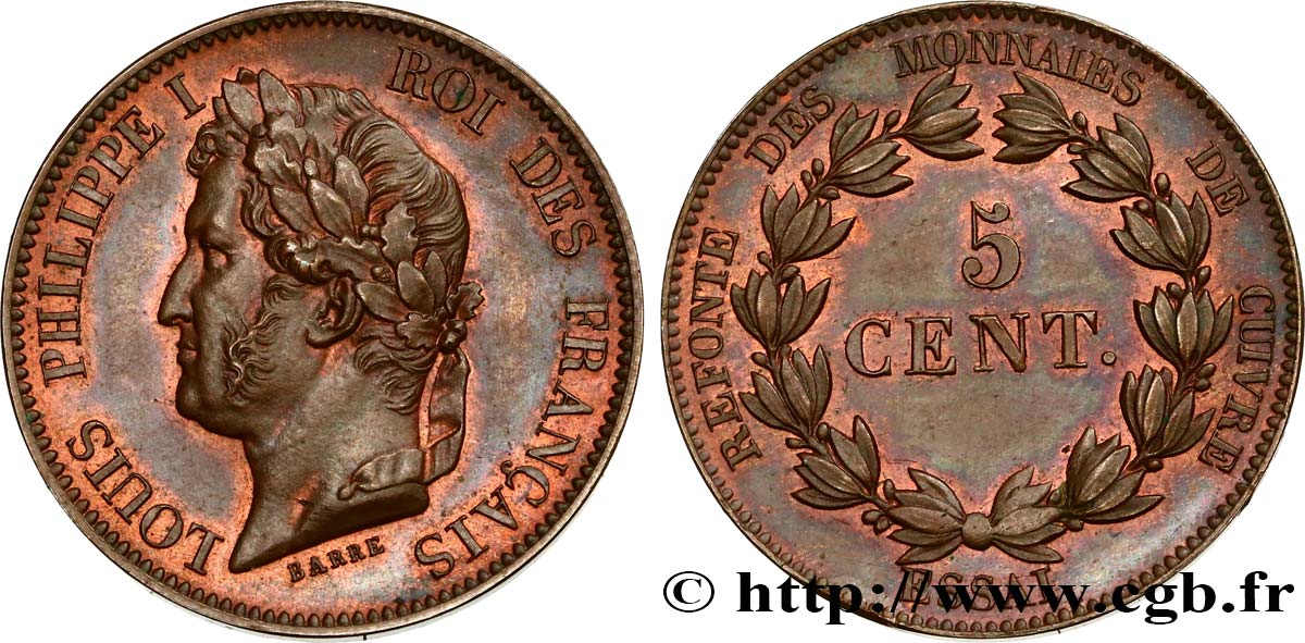 Essai de 5 centimes en bronze, signature BARRE 1840  VG.2917 var. SUP60 