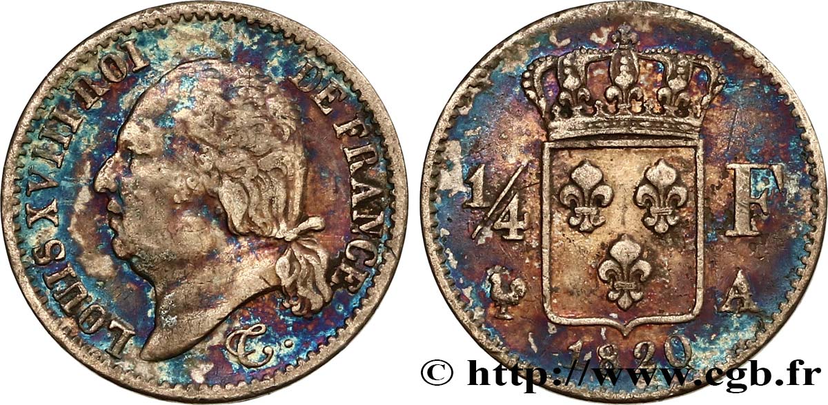 1/4 franc Louis XVIII 1820 Paris F.163/18 MBC40 