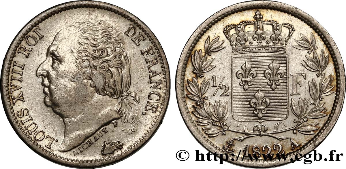 1/2 franc Louis XVIII 1822 Paris F.179/30 MBC50 