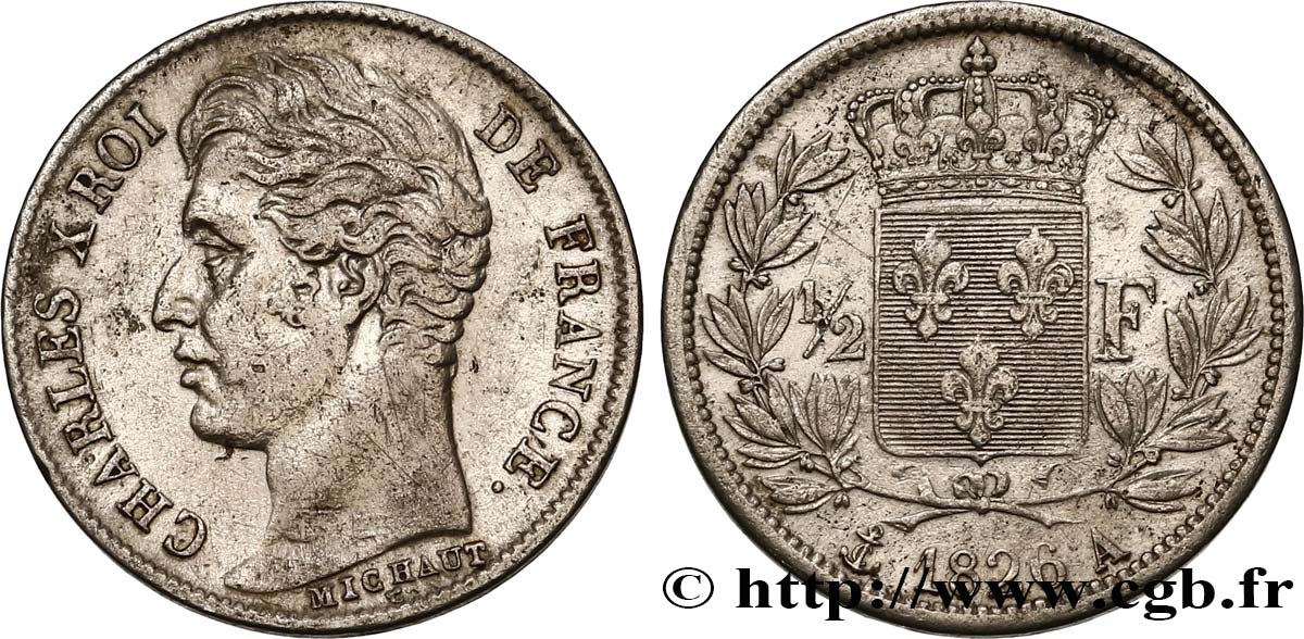 1/2 franc Charles X 1826 Paris F.180/2 TB 