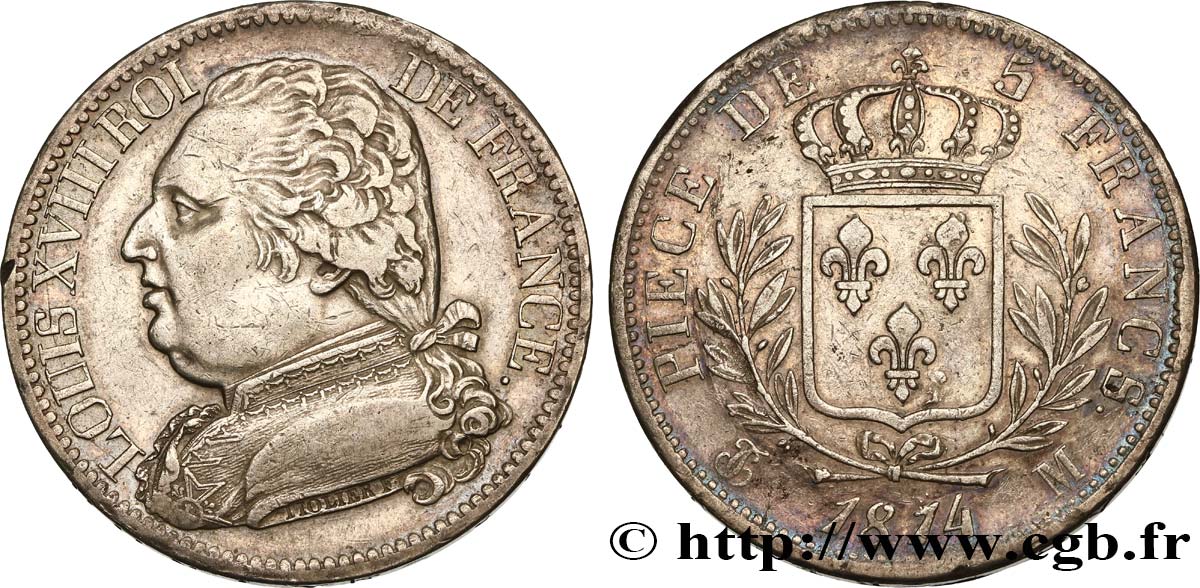 5 francs Louis XVIII, buste habillé 1814 Toulouse F.308/9 SS48 
