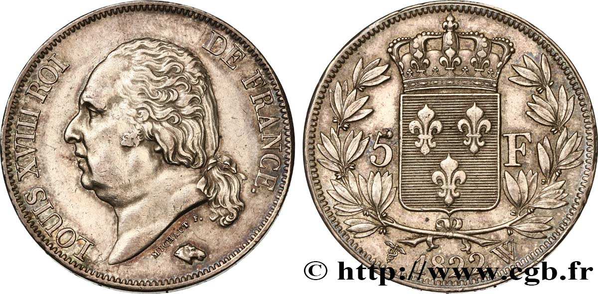 5 francs Louis XVIII, tête nue 1822 Lille F.309/75 TTB52 
